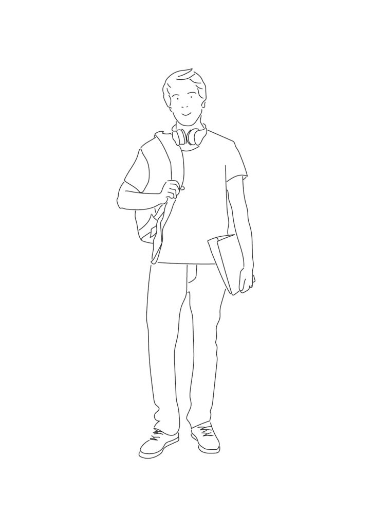Junger Mann mit Kopfhörern, Tasche, und Mappe